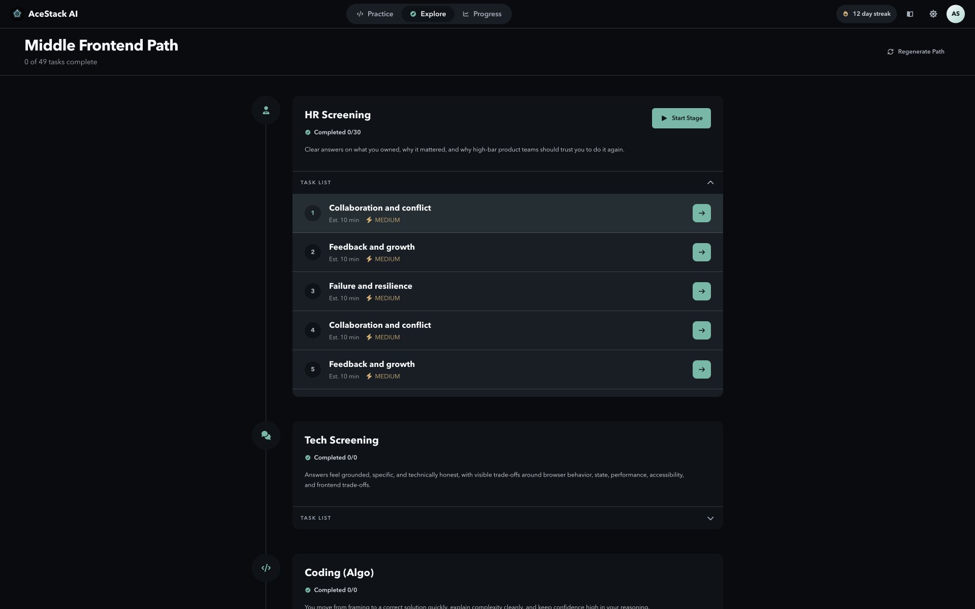 AceStack interview path organized by interview stage